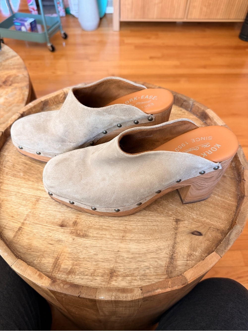 Kork-Ease Taupe Suede Wood-Platform Mules